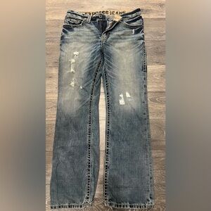 Express Blue Straight Jeans with Distressed Details
